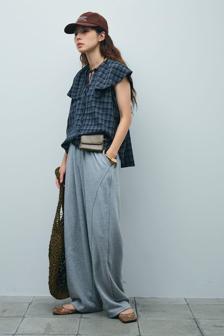 [予約/SET]ビッグカラーチェックブラウス+ミニ裏毛カーブパンツ(2set)