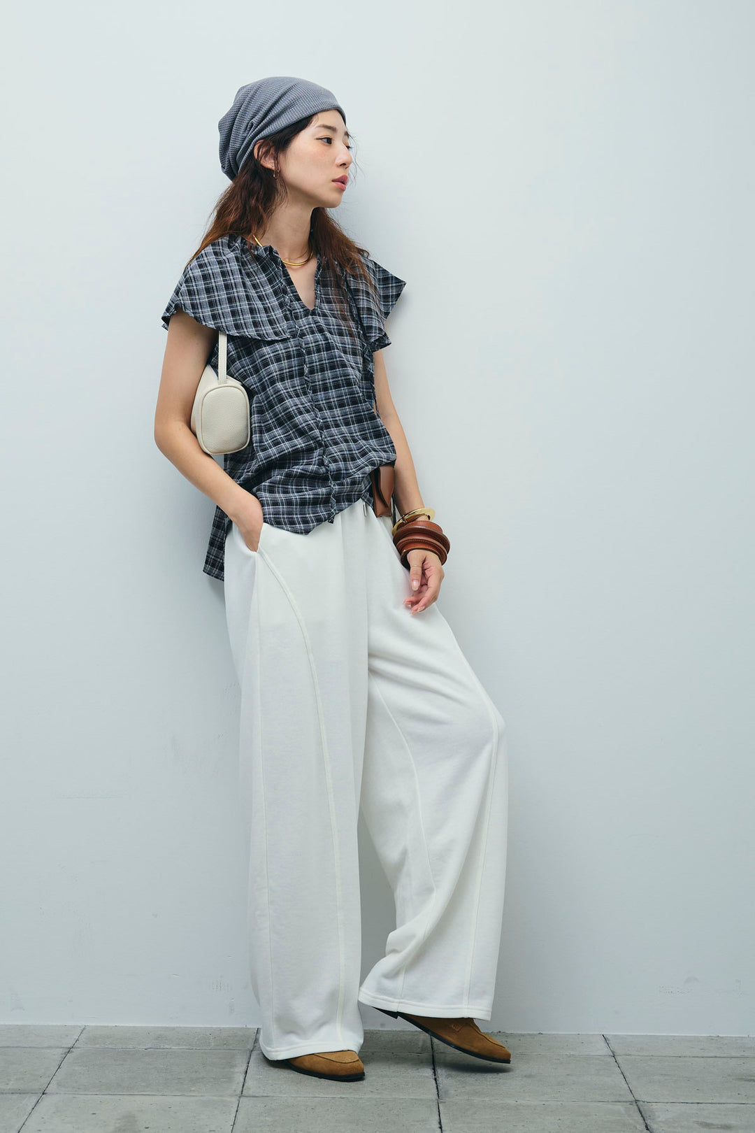 [予約/SET]ビッグカラーチェックブラウス+ミニ裏毛カーブパンツ(2set)