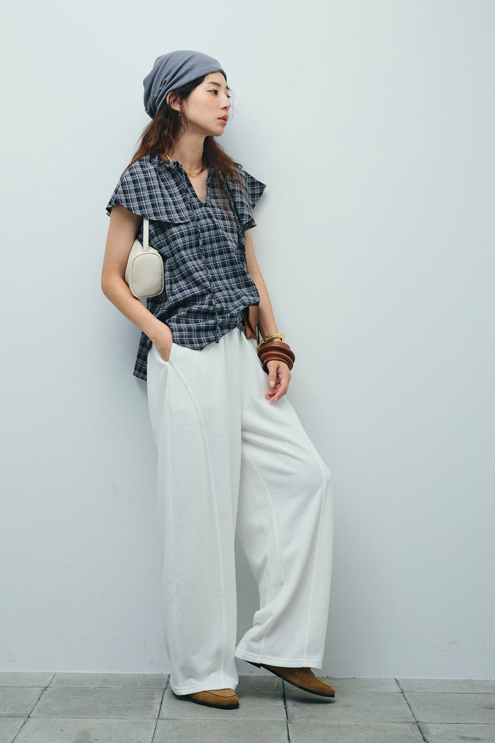 [予約/SET]ビッグカラーチェックブラウス+ミニ裏毛カーブパンツ(2set)