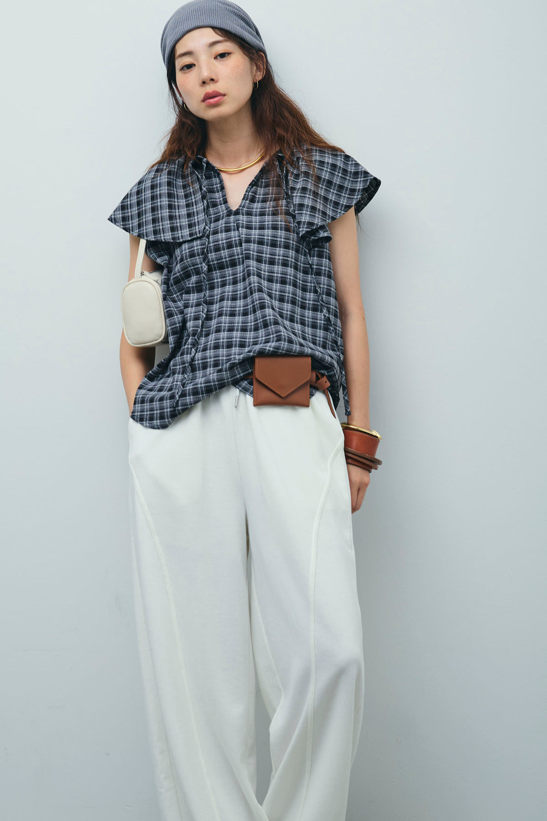 [予約/SET]ビッグカラーチェックブラウス+ミニ裏毛カーブパンツ(2set)