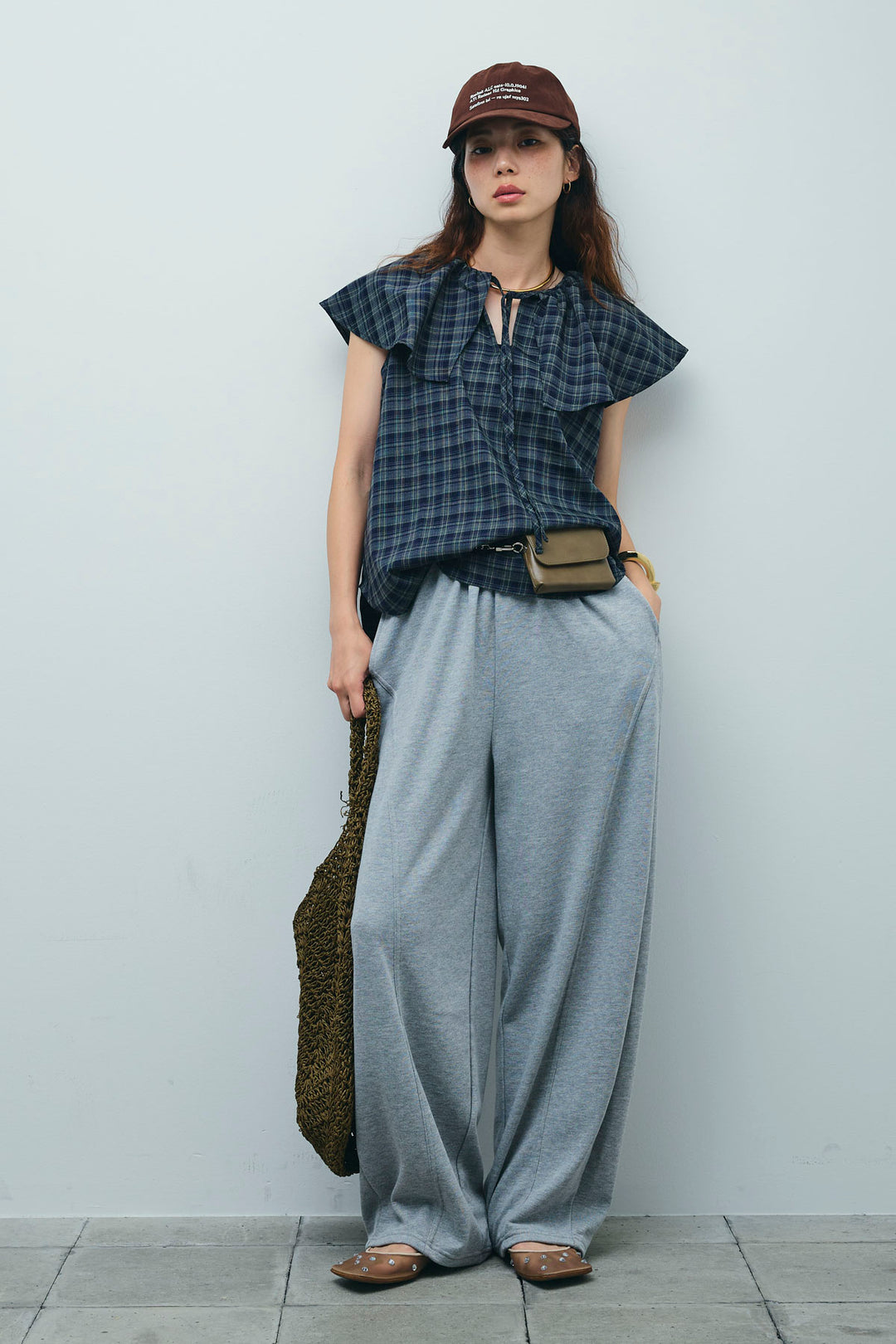 [予約/SET]ビッグカラーチェックブラウス+ミニ裏毛カーブパンツ(2set)