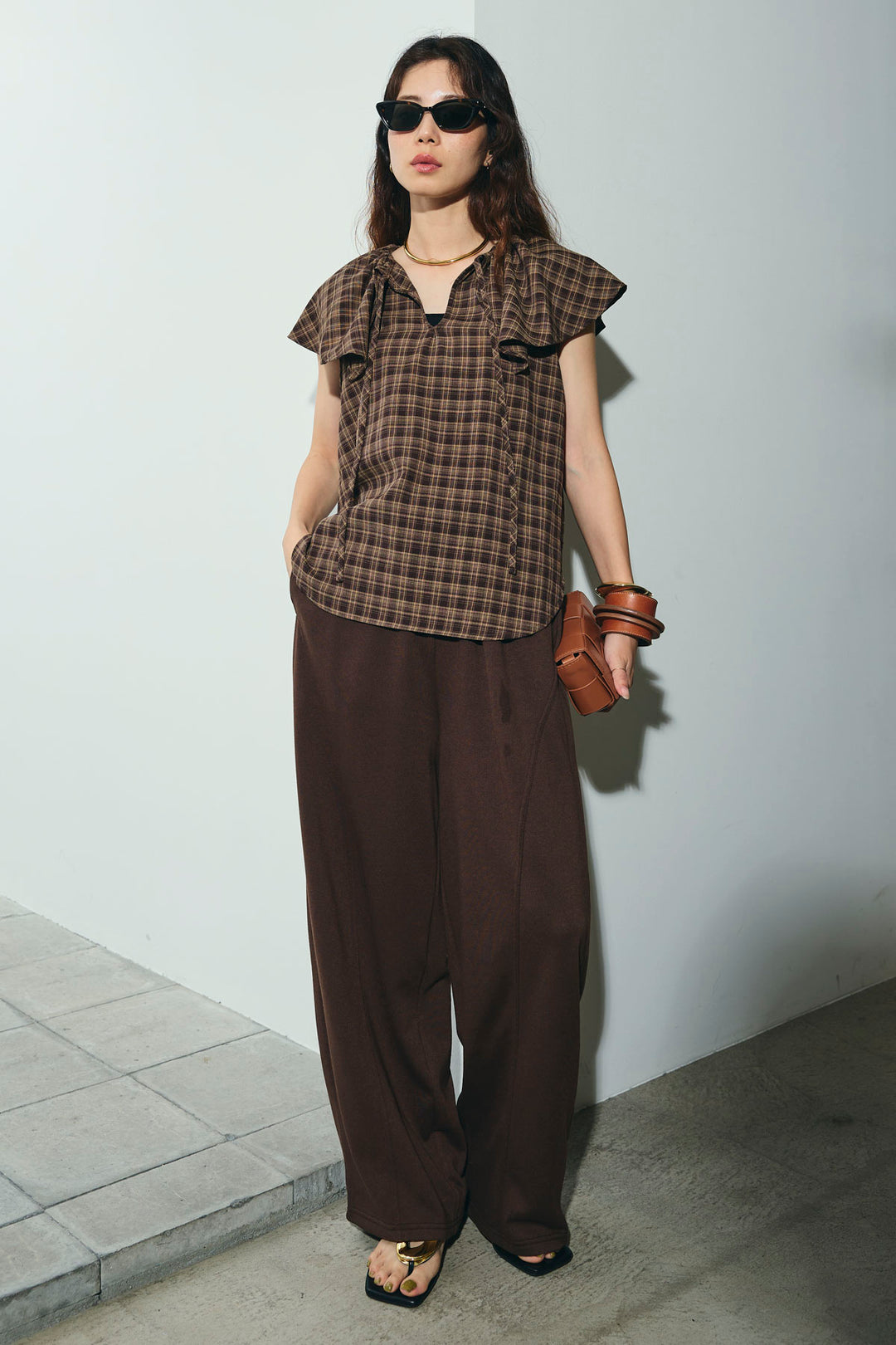 [予約/SET]ビッグカラーチェックブラウス+ミニ裏毛カーブパンツ(2set)