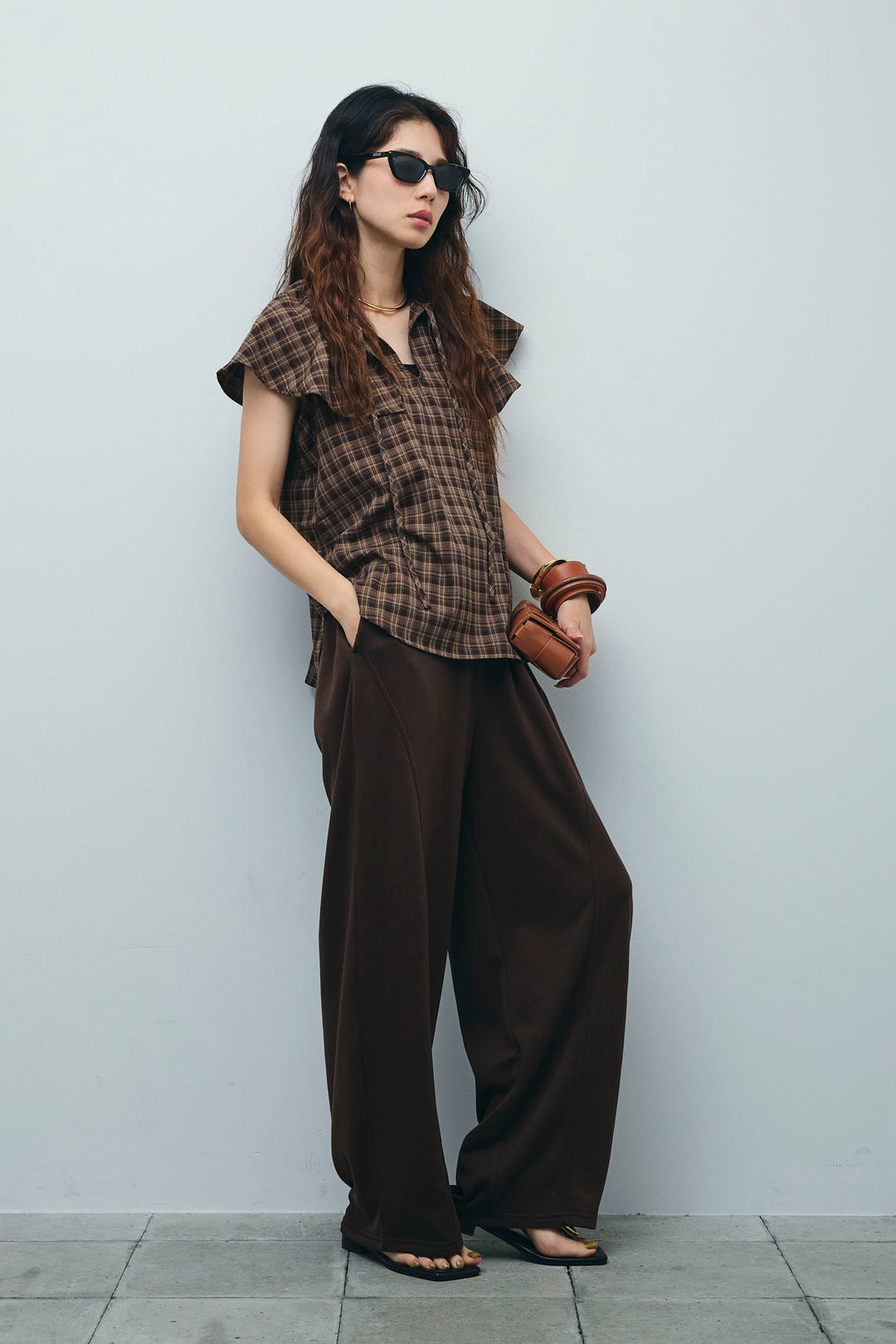 [予約/SET]ビッグカラーチェックブラウス+ミニ裏毛カーブパンツ(2set)