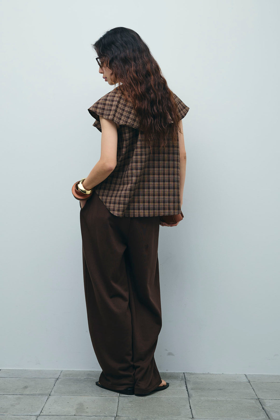 [予約/SET]ビッグカラーチェックブラウス+ミニ裏毛カーブパンツ(2set)