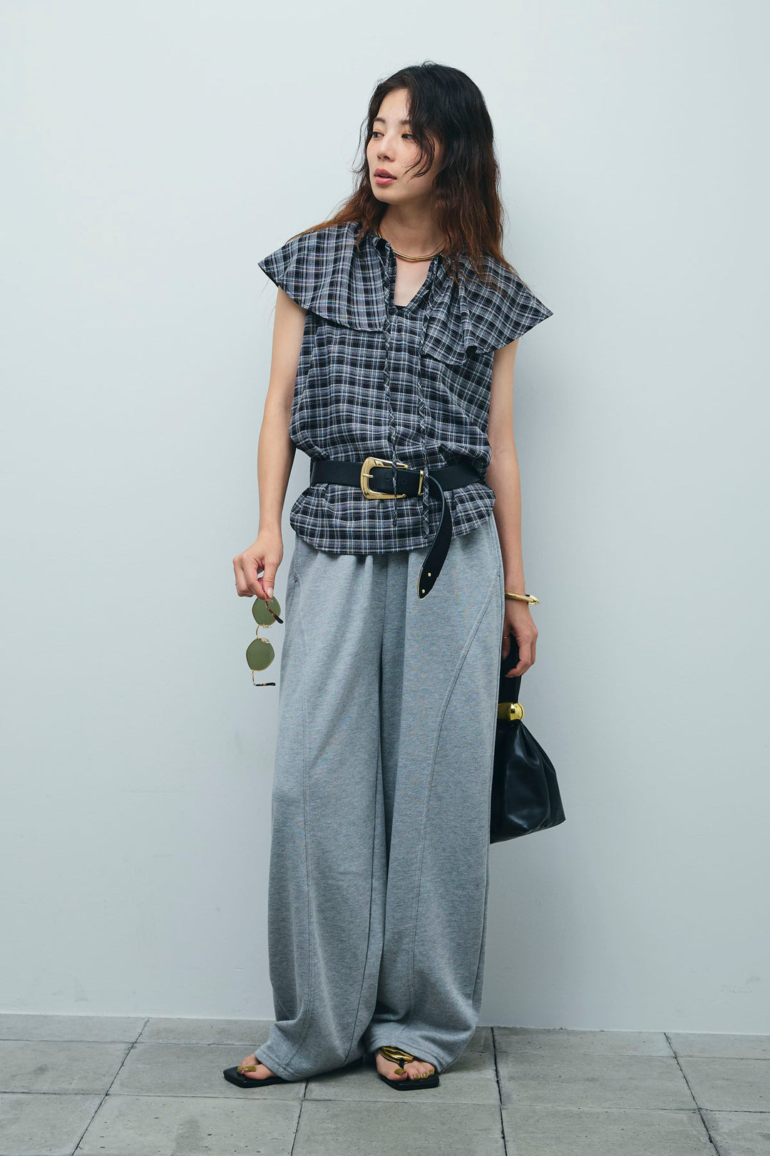 [予約/SET]ビッグカラーチェックブラウス+ミニ裏毛カーブパンツ(2set)