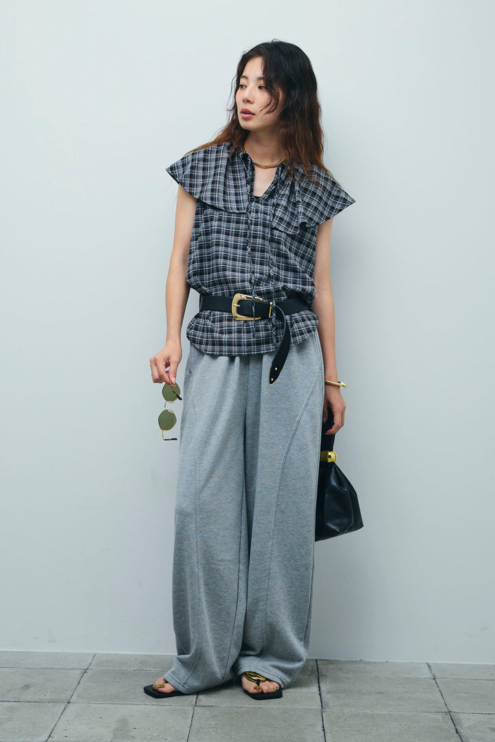 [予約/SET]ビッグカラーチェックブラウス+ミニ裏毛カーブパンツ(2set)