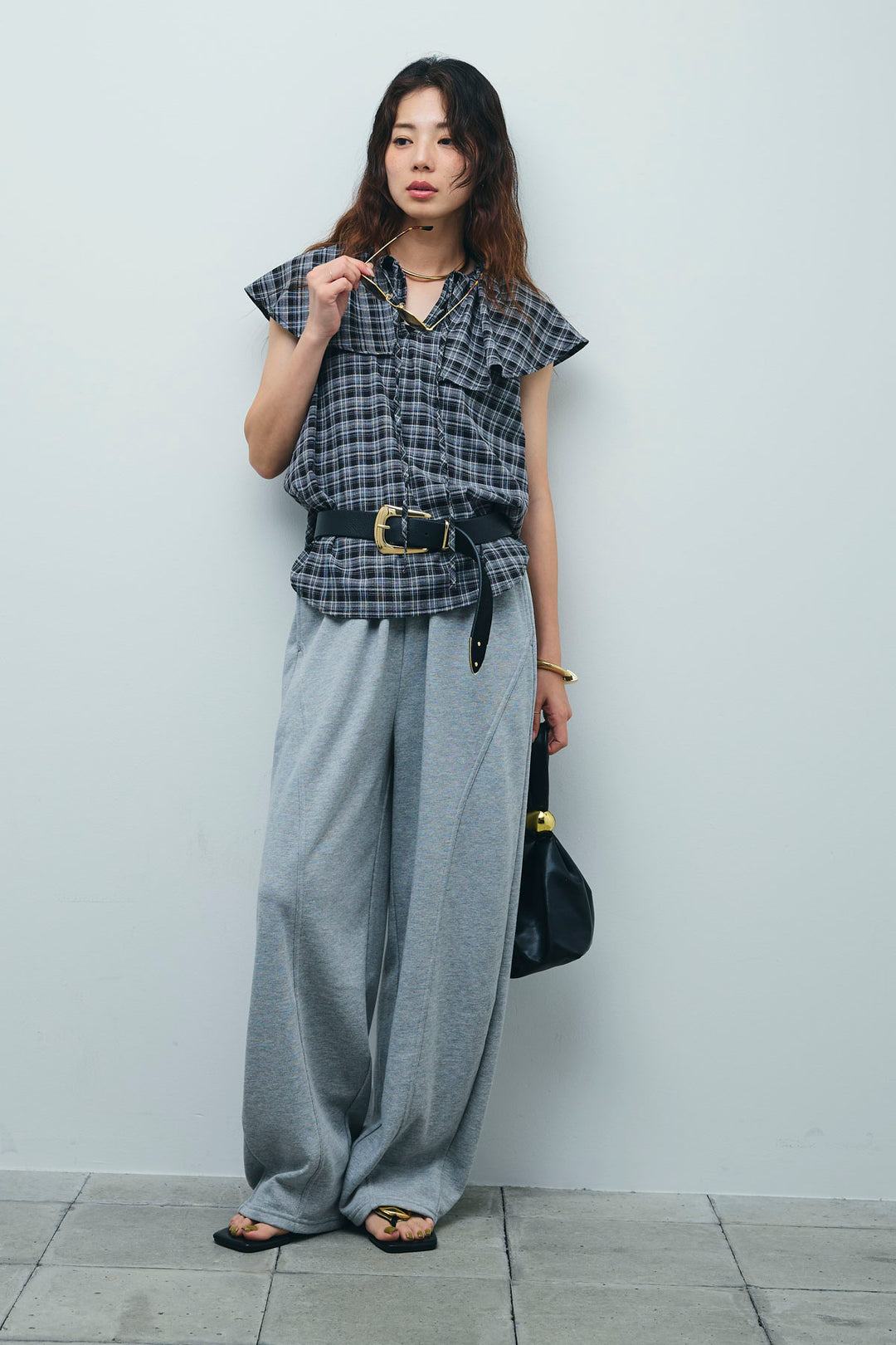 [予約/SET]ビッグカラーチェックブラウス+ミニ裏毛カーブパンツ(2set)