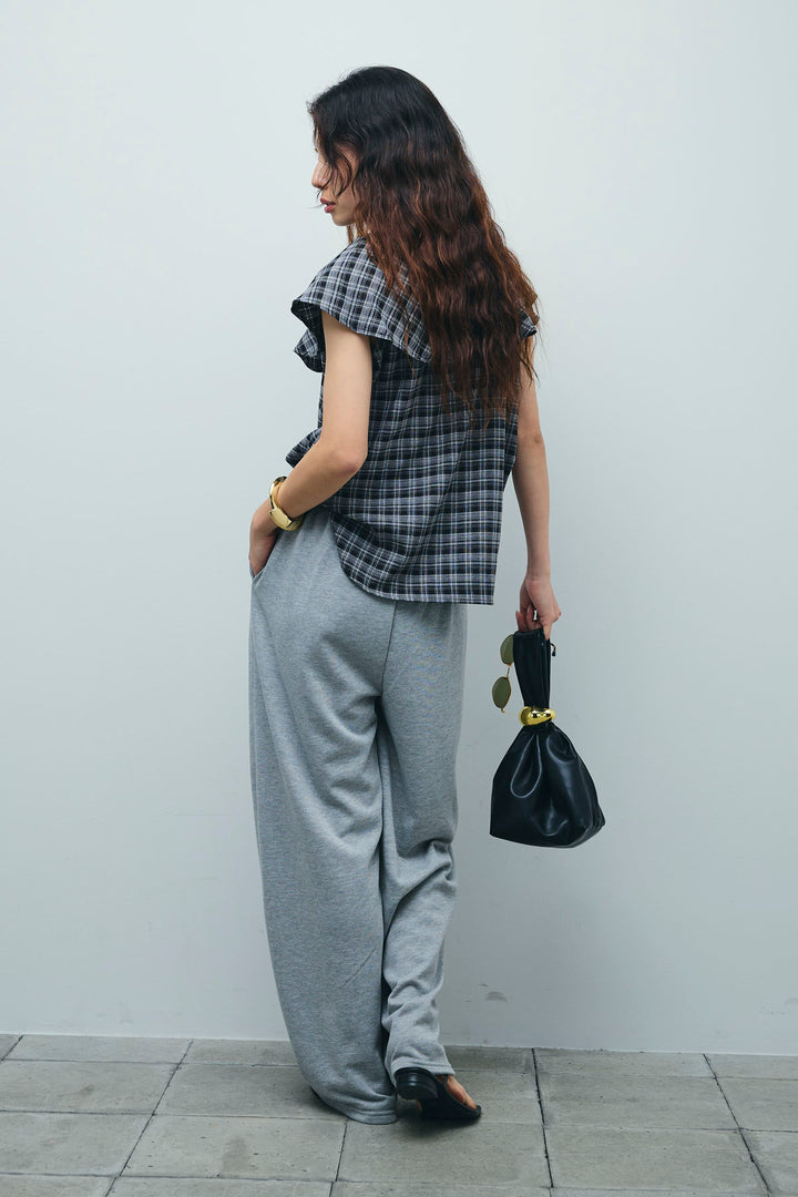 [予約/SET]ビッグカラーチェックブラウス+ミニ裏毛カーブパンツ(2set)