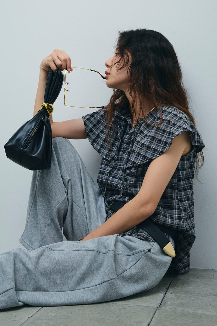 [予約/SET]ビッグカラーチェックブラウス+ミニ裏毛カーブパンツ(2set)