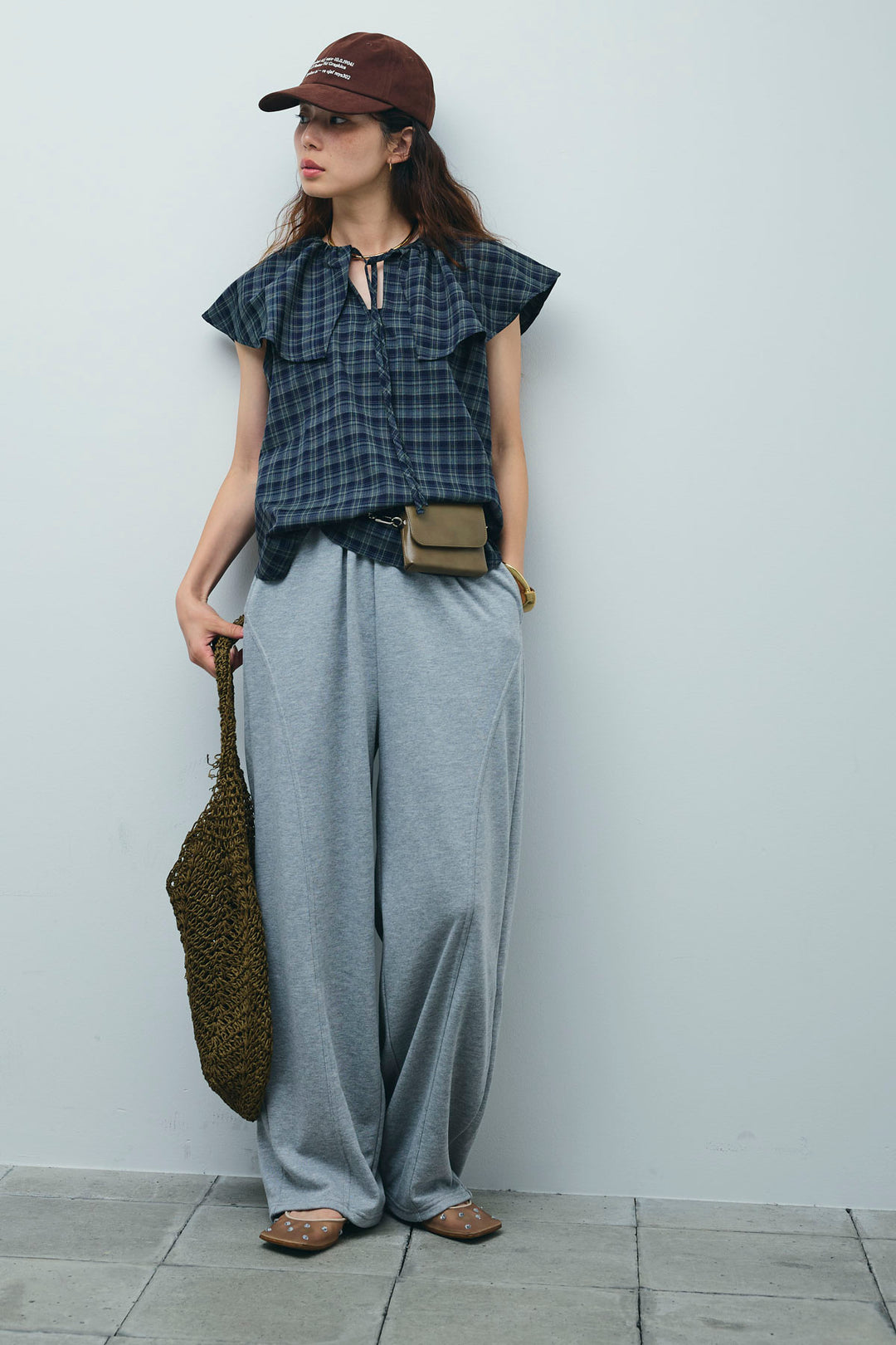 [予約/SET]ビッグカラーチェックブラウス+ミニ裏毛カーブパンツ(2set)