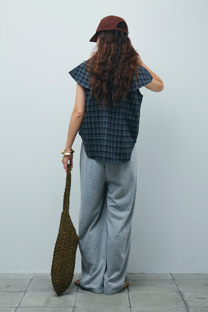 [予約/SET]ビッグカラーチェックブラウス+ミニ裏毛カーブパンツ(2set)