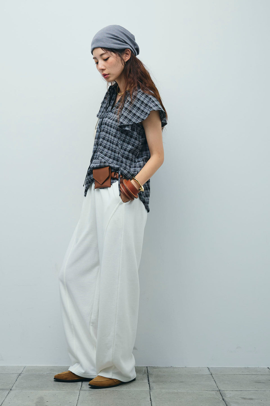 [予約/SET]ビッグカラーチェックブラウス+ミニ裏毛カーブパンツ(2set)