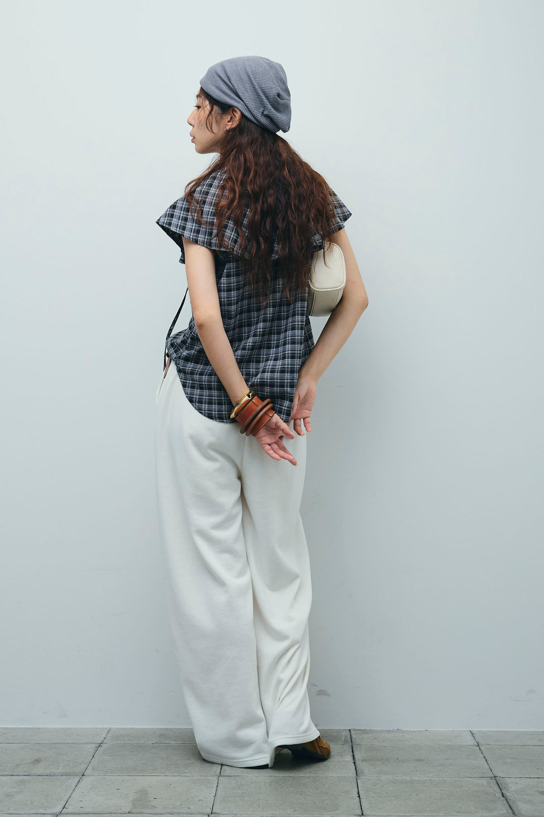 [予約/SET]ビッグカラーチェックブラウス+ミニ裏毛カーブパンツ(2set)