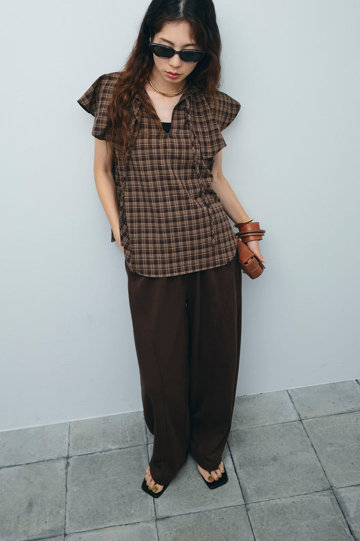 [予約/SET]ビッグカラーチェックブラウス+ミニ裏毛カーブパンツ(2set)