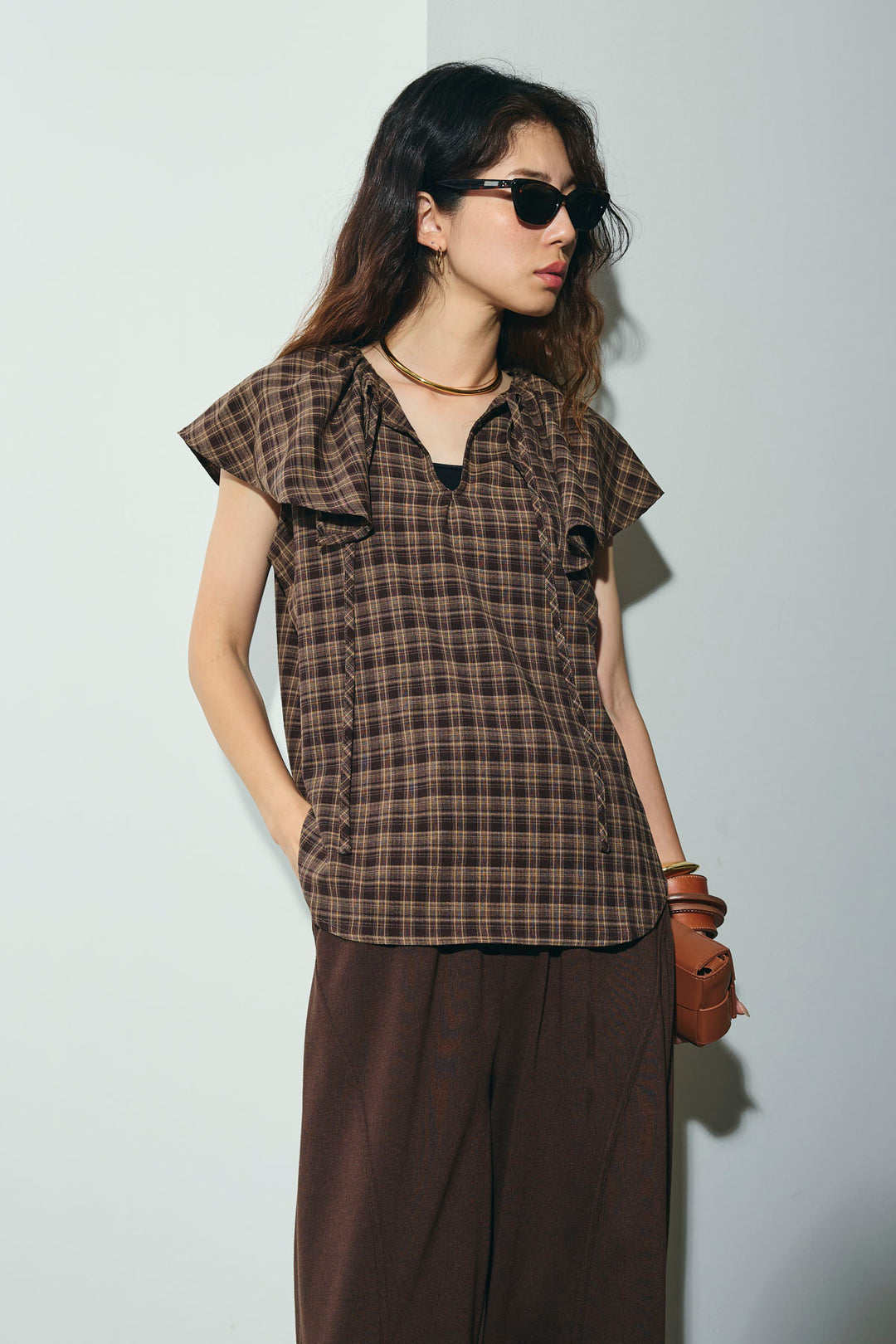 [予約/SET]ビッグカラーチェックブラウス+ミニ裏毛カーブパンツ(2set)