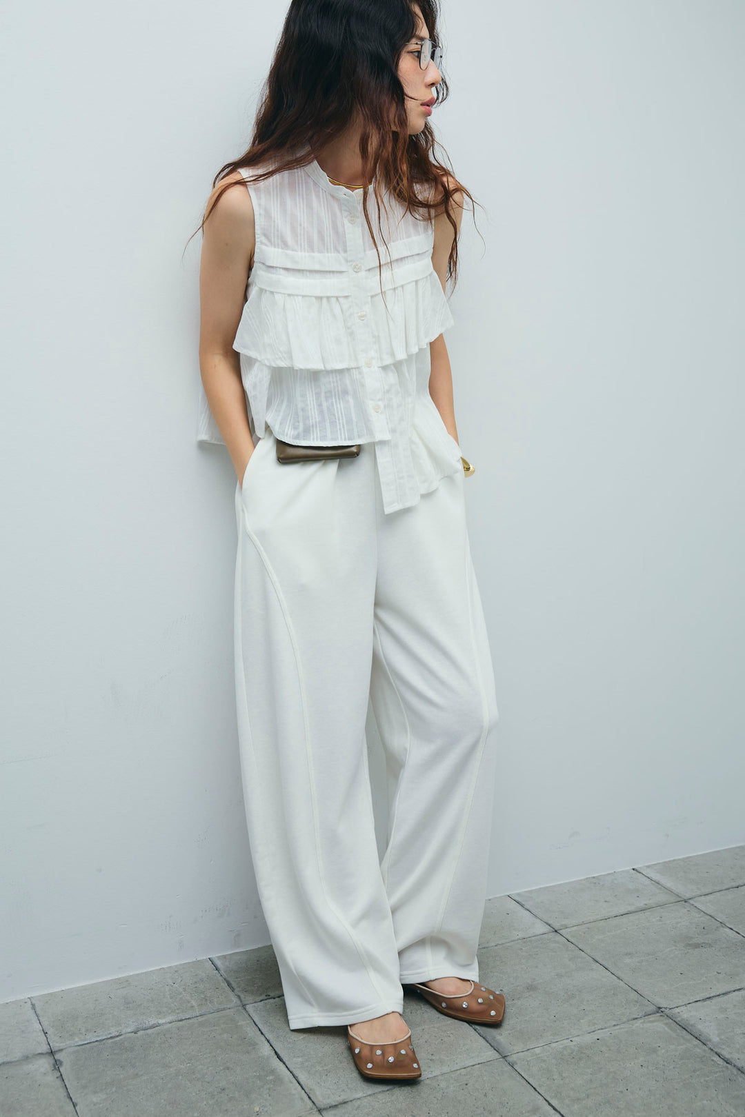 [予約/SET]アシメフリルノースリブラウス+ミニ裏毛カーブパンツ(2set)