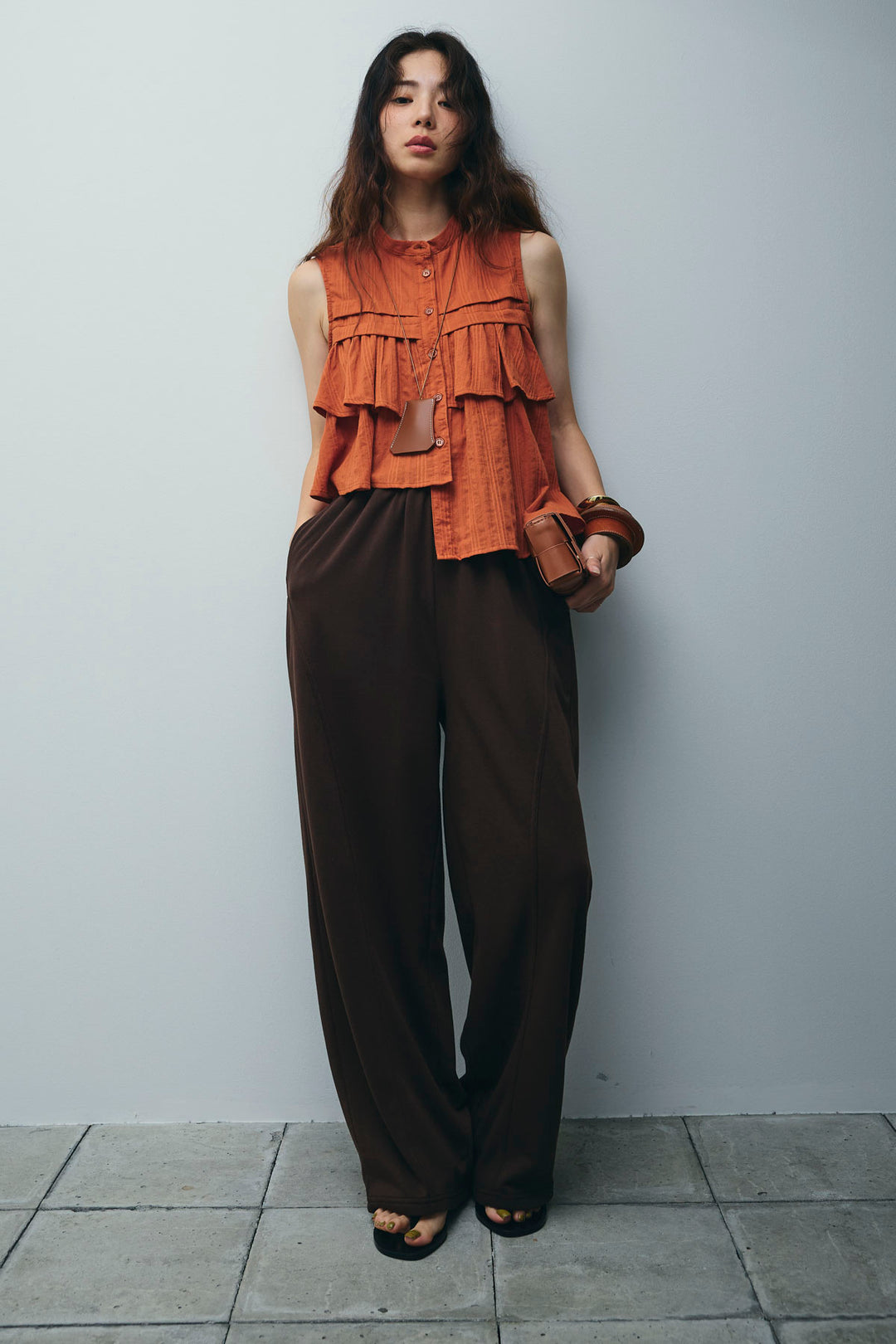 [予約/SET]アシメフリルノースリブラウス+ミニ裏毛カーブパンツ(2set)