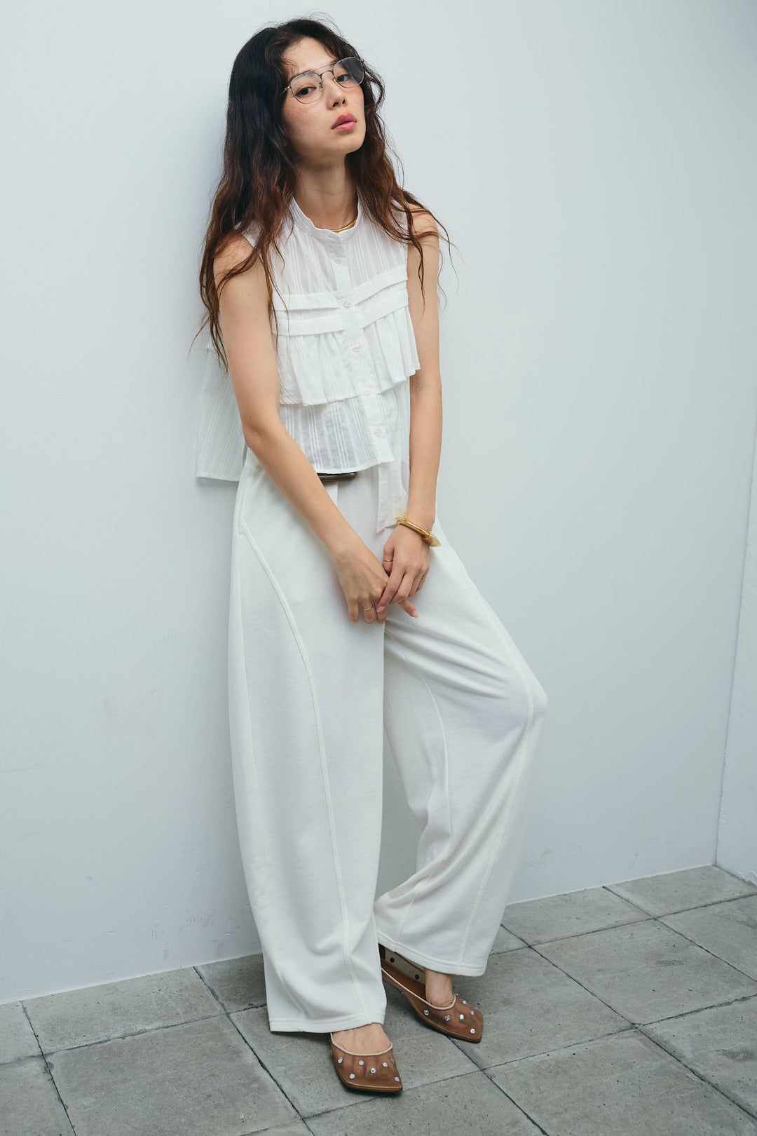 [予約/SET]アシメフリルノースリブラウス+ミニ裏毛カーブパンツ(2set)