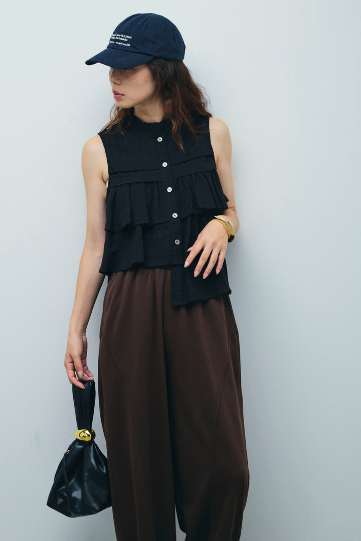 [予約/SET]アシメフリルノースリブラウス+ミニ裏毛カーブパンツ(2set)