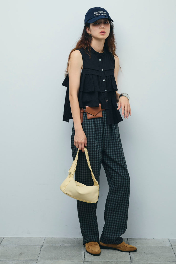 [予約/SET]アシメフリルノースリブラウス+チェックサッカー地パンツ(2set)
