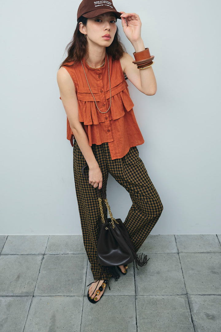[予約/SET]アシメフリルノースリブラウス+チェックサッカー地パンツ(2set)