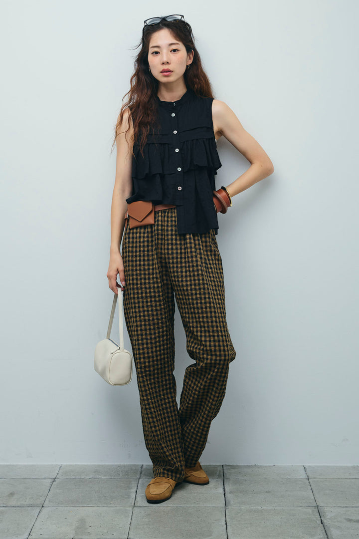 [予約/SET]アシメフリルノースリブラウス+チェックサッカー地パンツ(2set)