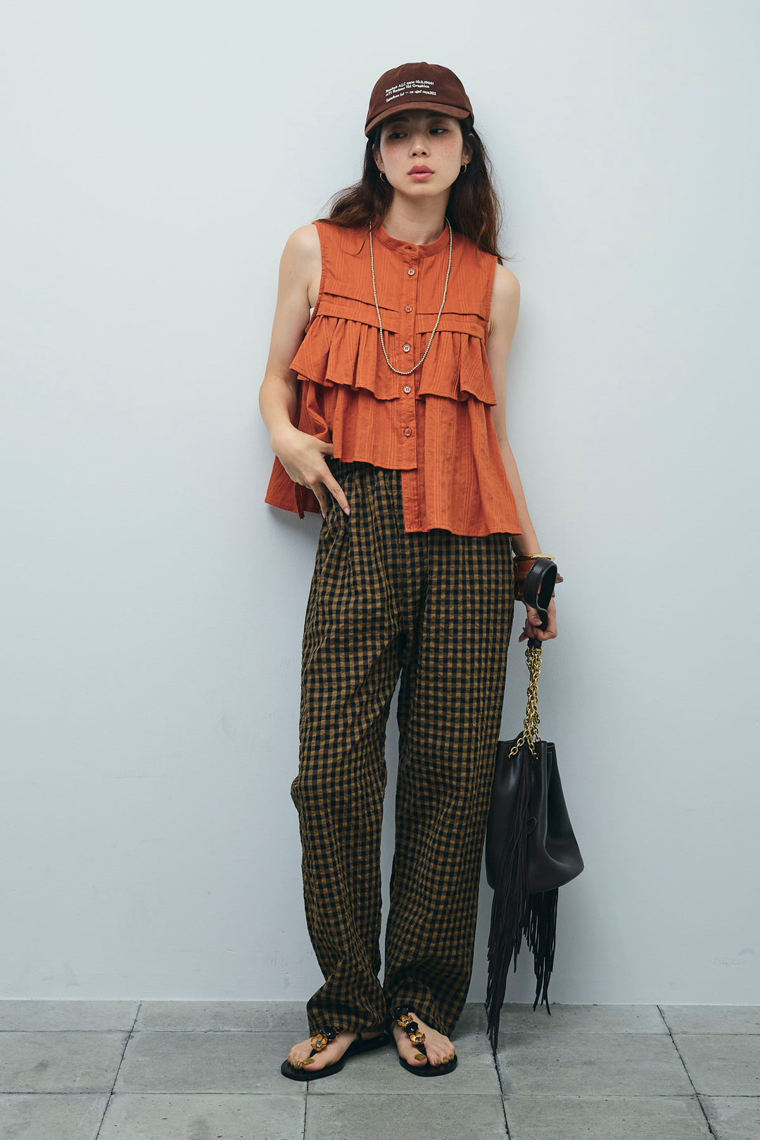 [予約/SET]アシメフリルノースリブラウス+チェックサッカー地パンツ(2set)