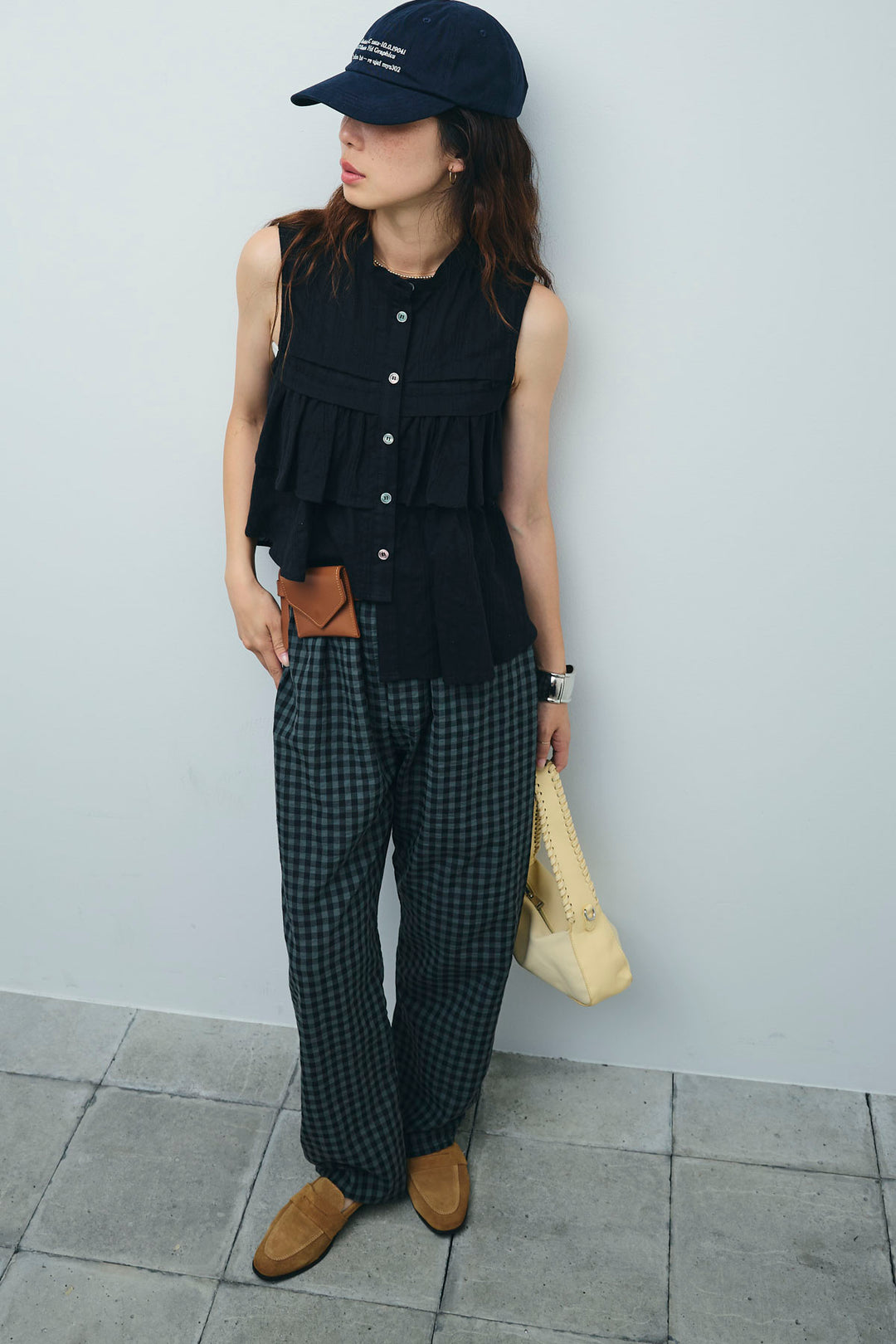 [予約/SET]アシメフリルノースリブラウス+チェックサッカー地パンツ(2set)