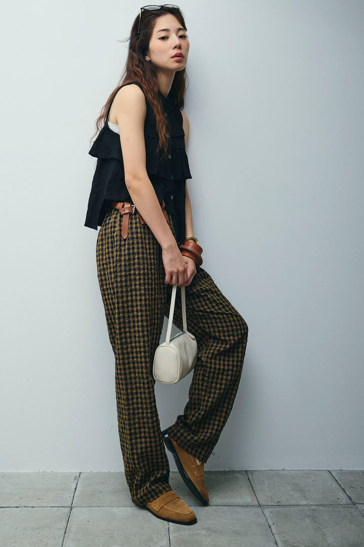 [予約/SET]アシメフリルノースリブラウス+チェックサッカー地パンツ(2set)