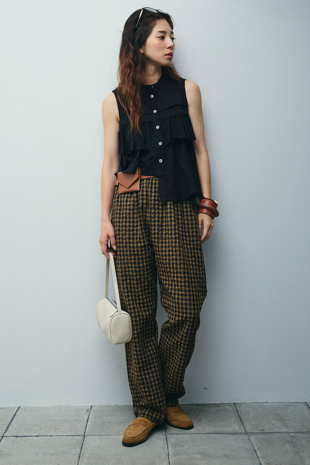 [予約/SET]アシメフリルノースリブラウス+チェックサッカー地パンツ(2set)