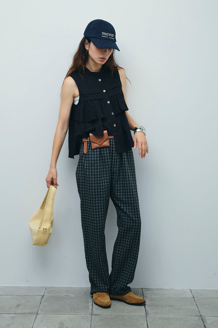 [予約/SET]アシメフリルノースリブラウス+チェックサッカー地パンツ(2set)