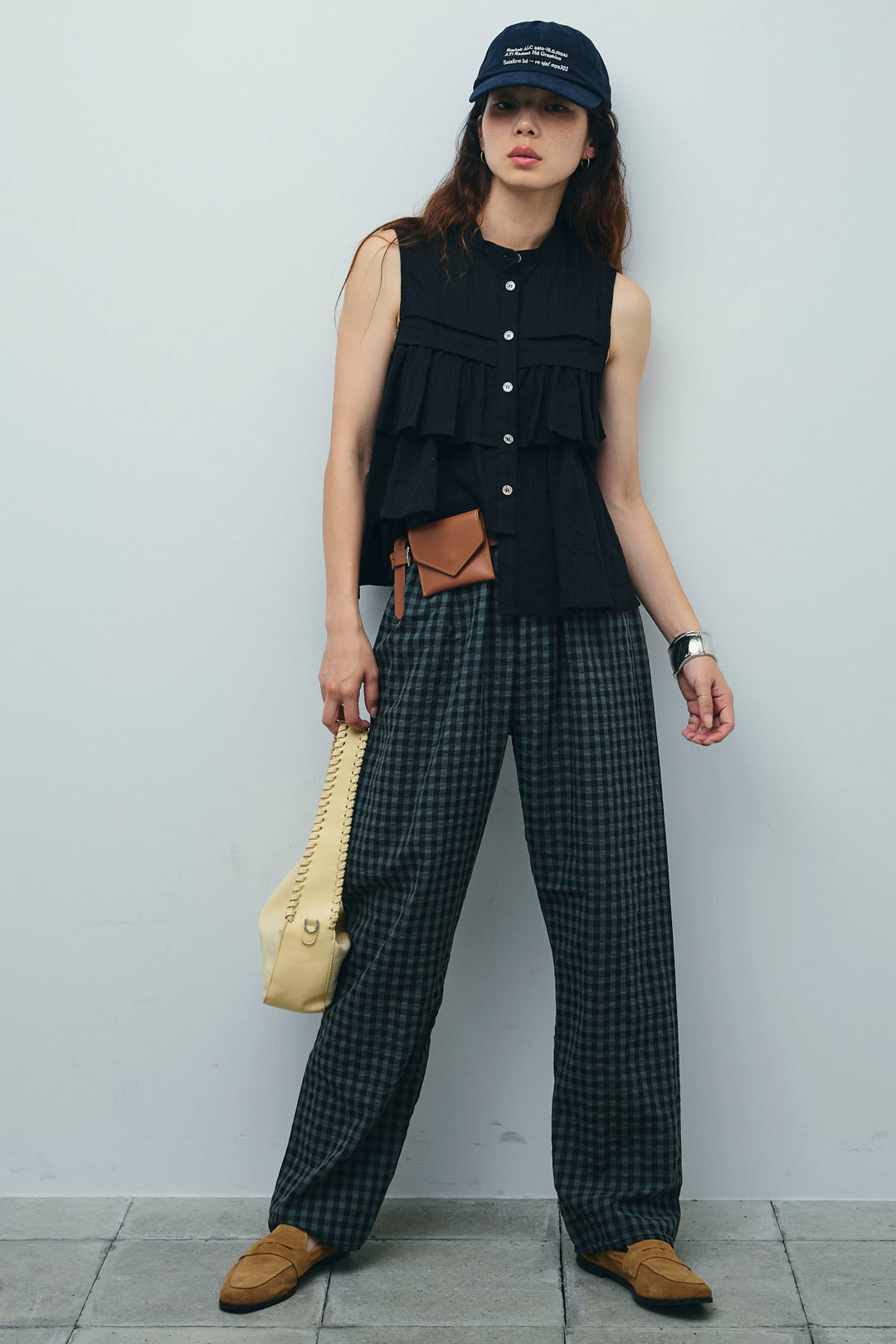 [予約/SET]アシメフリルノースリブラウス+チェックサッカー地パンツ(2set)