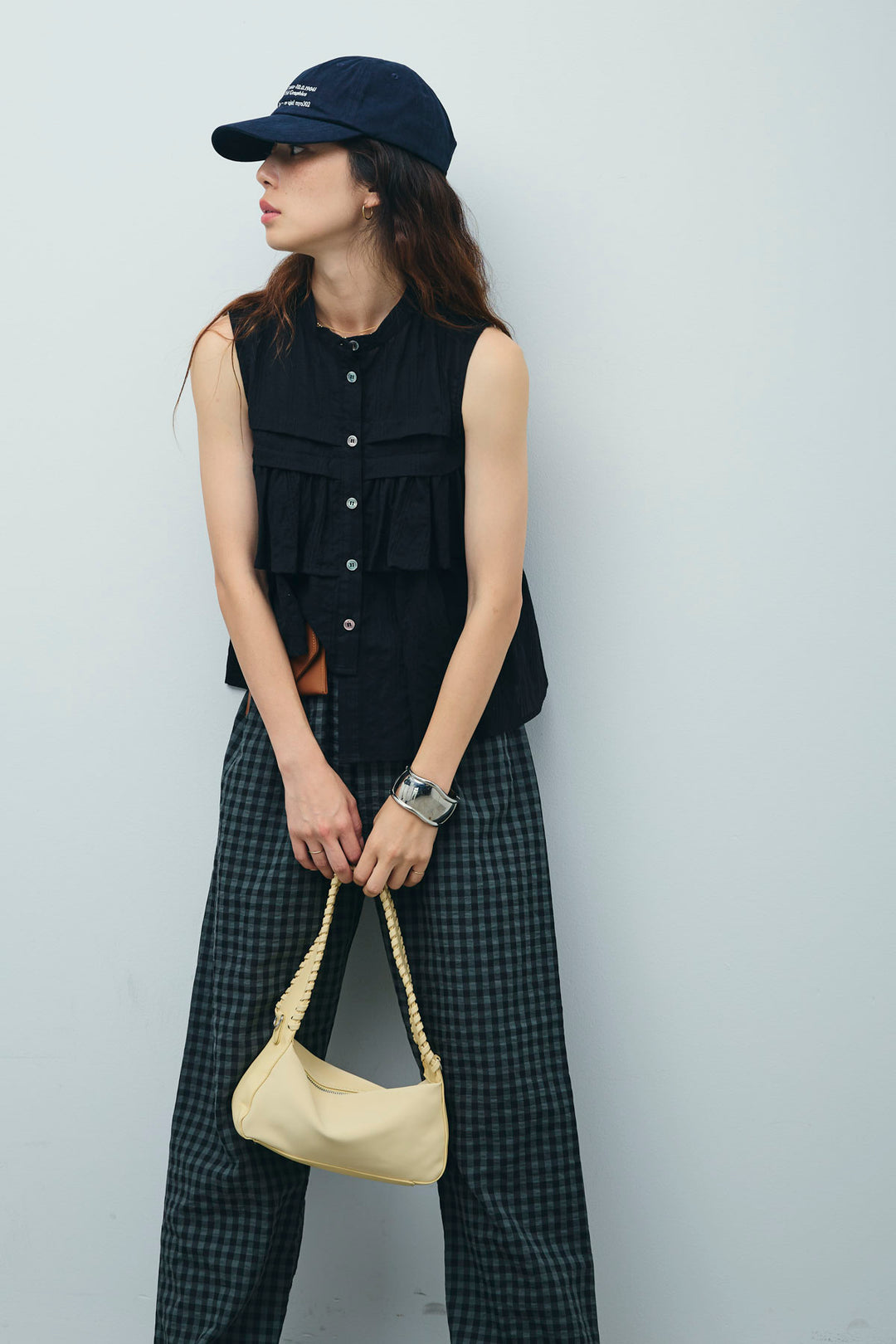 [予約/SET]アシメフリルノースリブラウス+チェックサッカー地パンツ(2set)