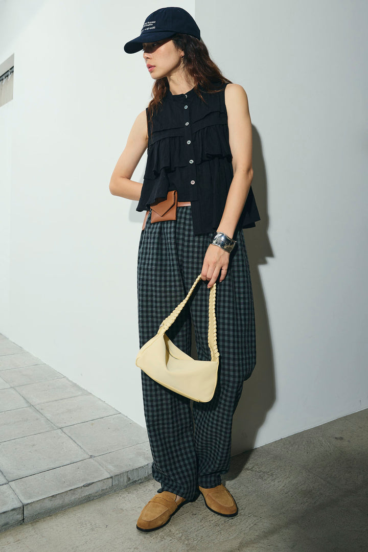 [予約/SET]アシメフリルノースリブラウス+チェックサッカー地パンツ(2set)