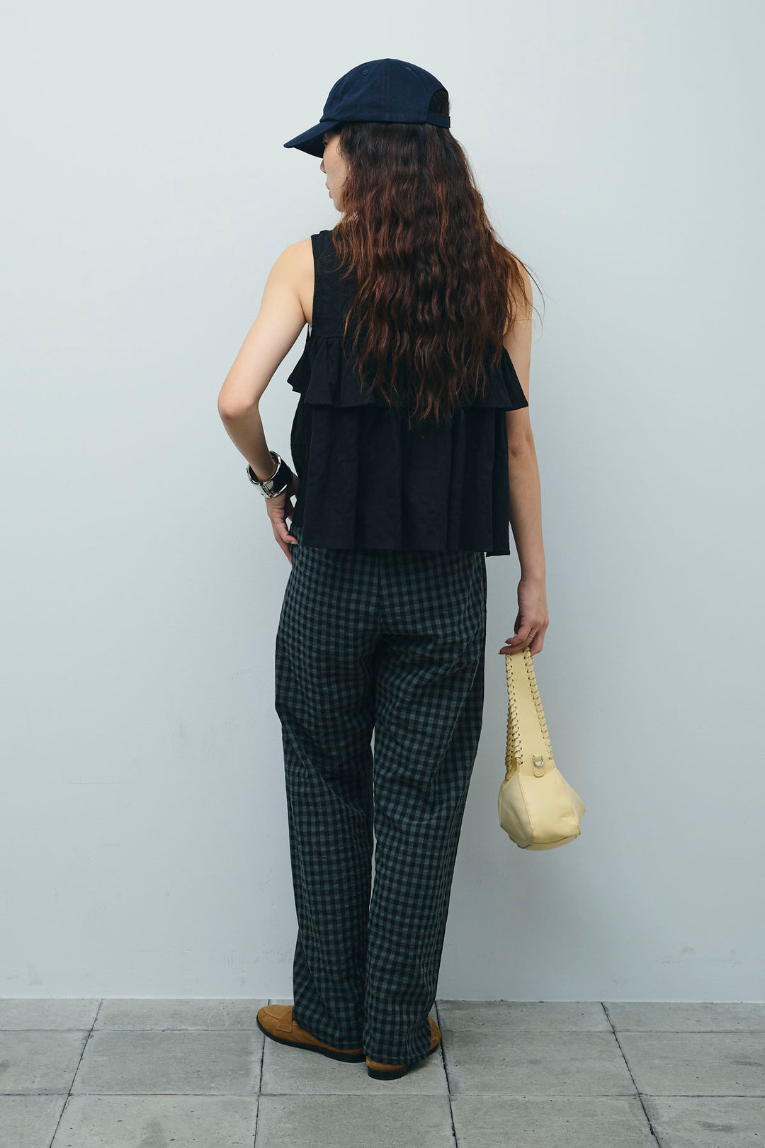 [予約/SET]アシメフリルノースリブラウス+チェックサッカー地パンツ(2set)