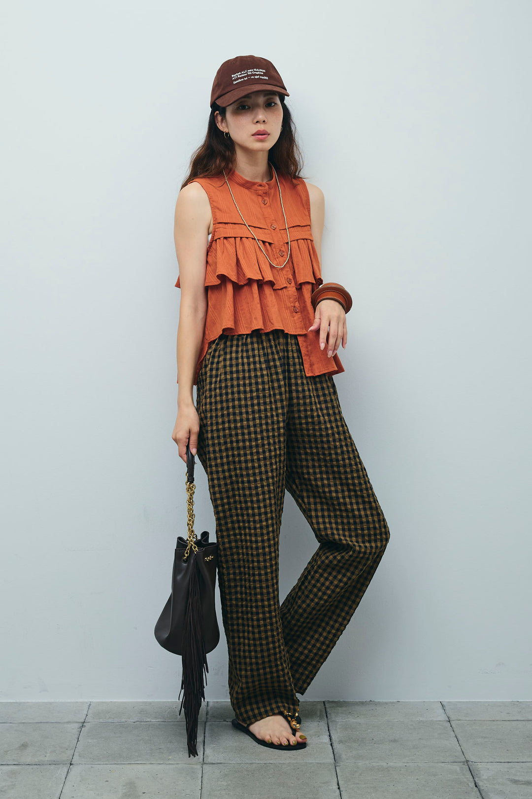 [予約/SET]アシメフリルノースリブラウス+チェックサッカー地パンツ(2set)