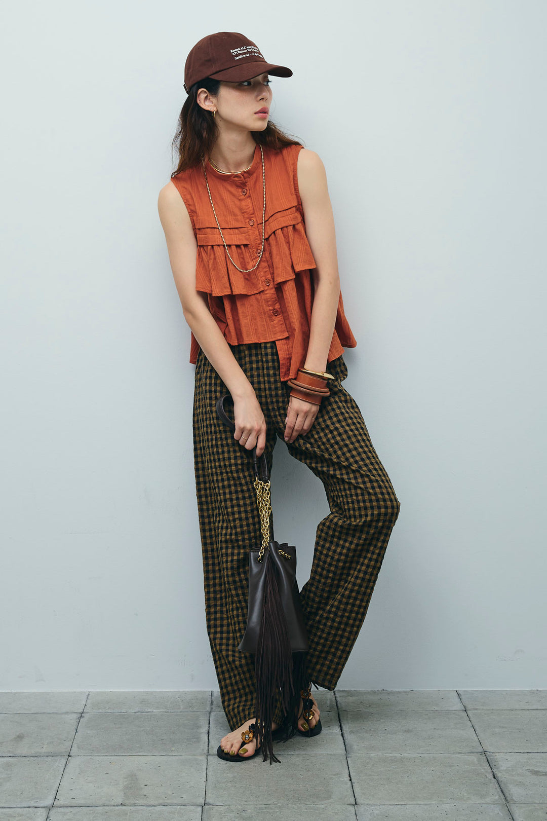 [予約/SET]アシメフリルノースリブラウス+チェックサッカー地パンツ(2set)