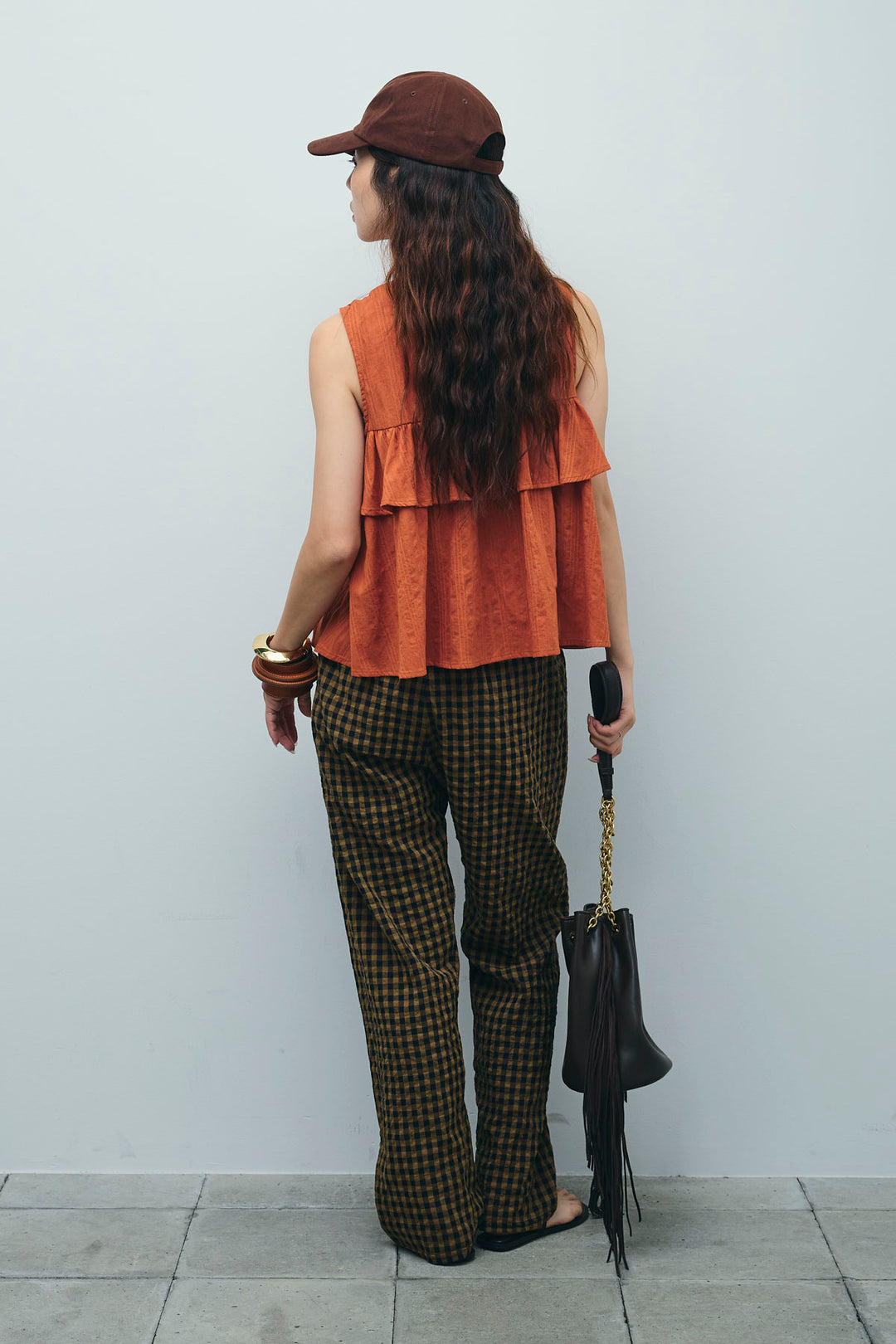 [予約/SET]アシメフリルノースリブラウス+チェックサッカー地パンツ(2set)