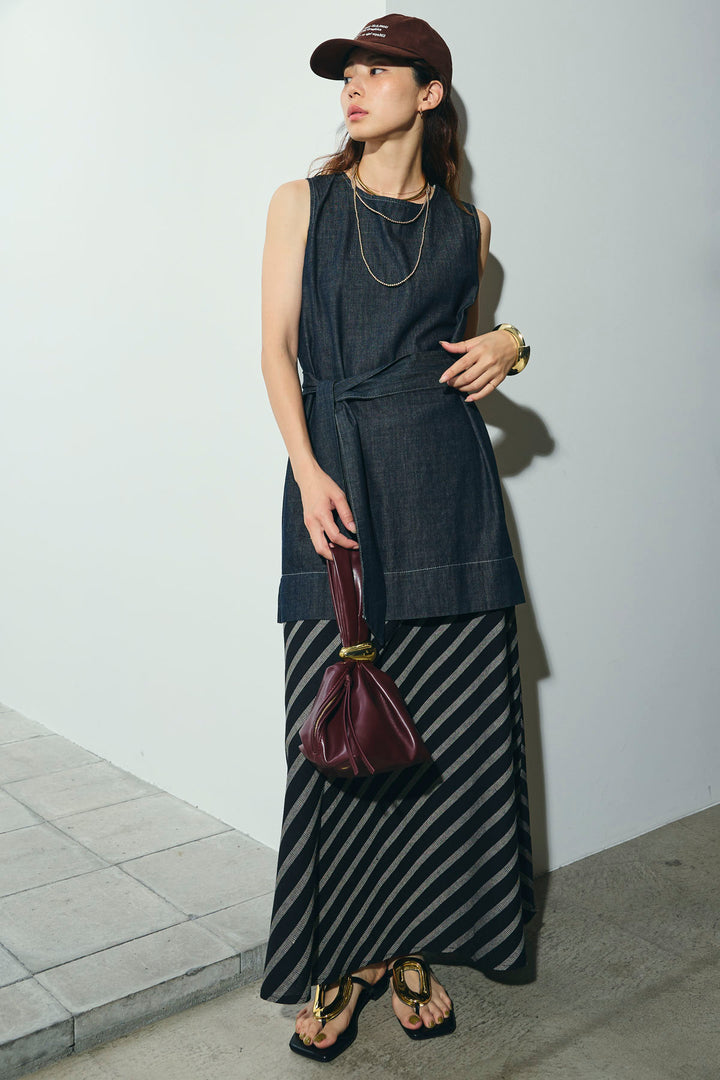 [予約/SET]ベルト付きミドル丈ブラウス+ベルト付き斜めライン柄スカート(2set)