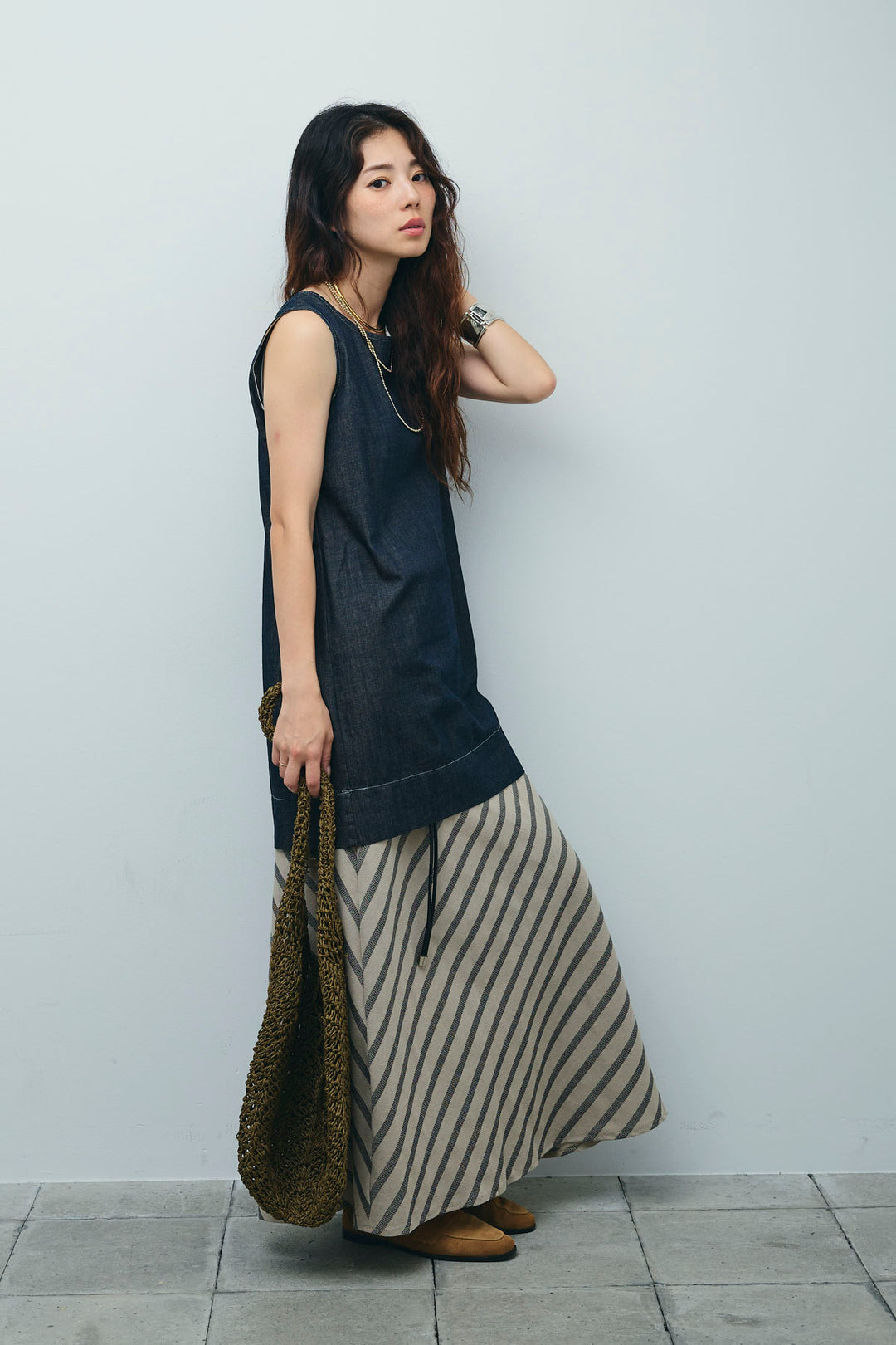 [予約/SET]ベルト付きミドル丈ブラウス+ベルト付き斜めライン柄スカート(2set)