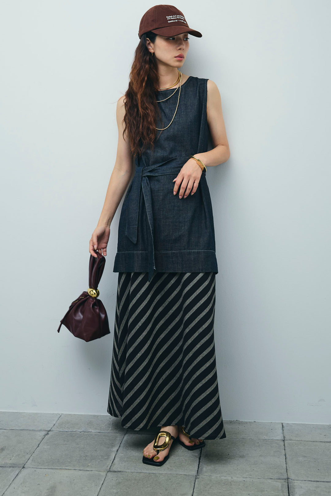 [予約]ベルト付き斜めライン柄スカート