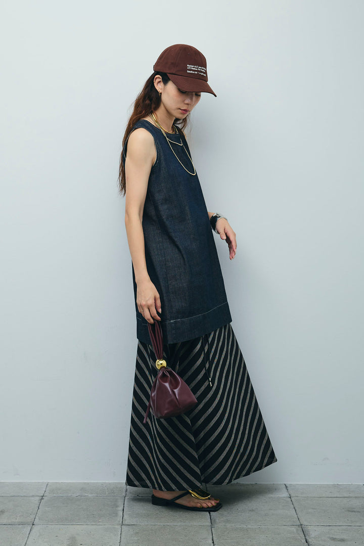 [予約/SET]ベルト付きミドル丈ブラウス+ベルト付き斜めライン柄スカート(2set)