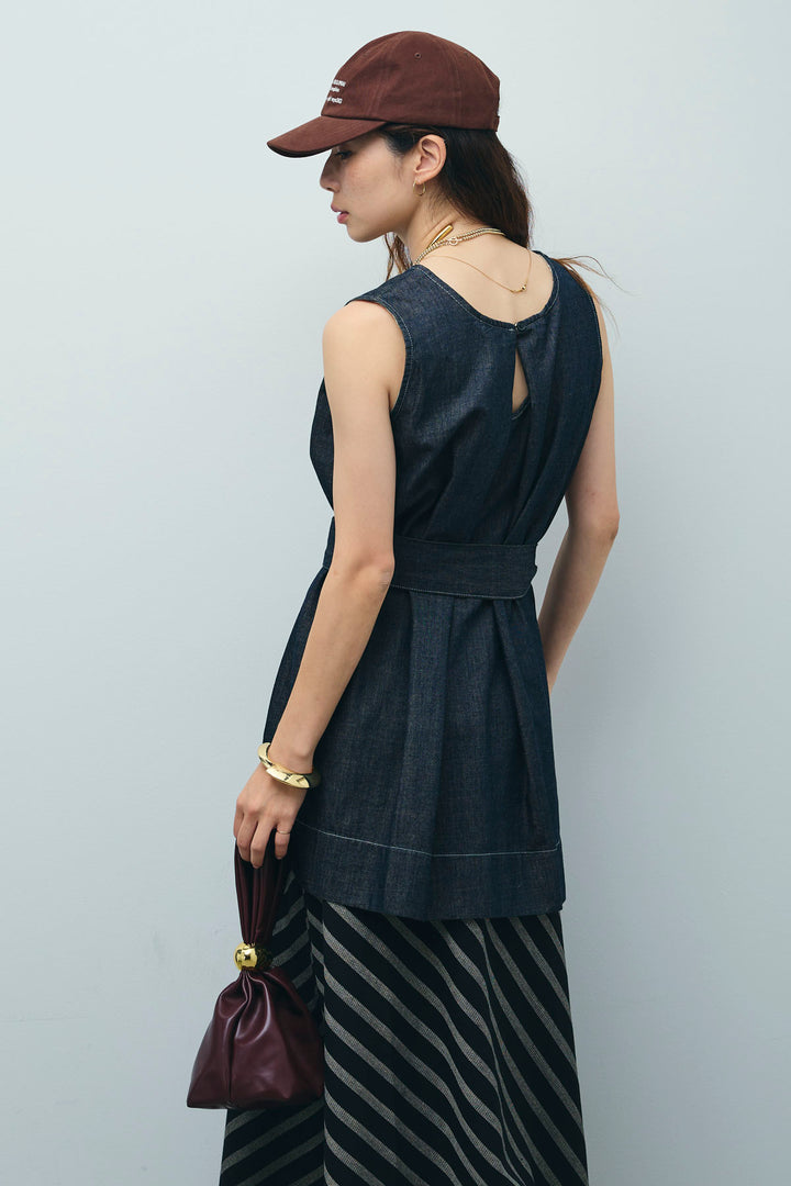 [予約/SET]ベルト付きミドル丈ブラウス+ベルト付き斜めライン柄スカート(2set)