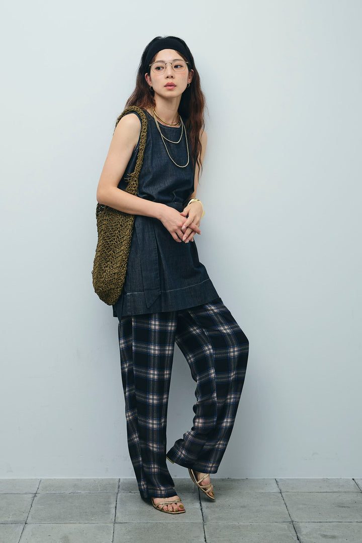[予約/SET]ベルト付きミドル丈ブラウス+シアータータンチェックワイドパンツ(2set)
