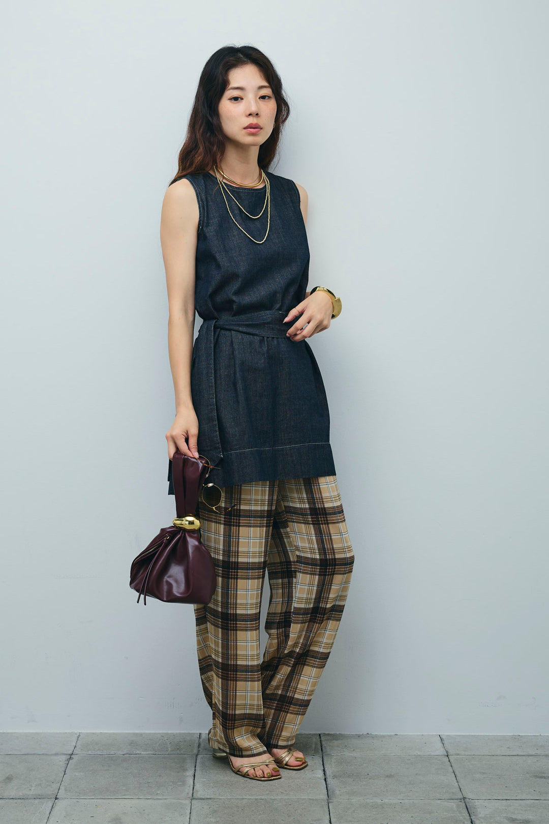[予約/SET]ベルト付きミドル丈ブラウス+シアータータンチェックワイドパンツ(2set)