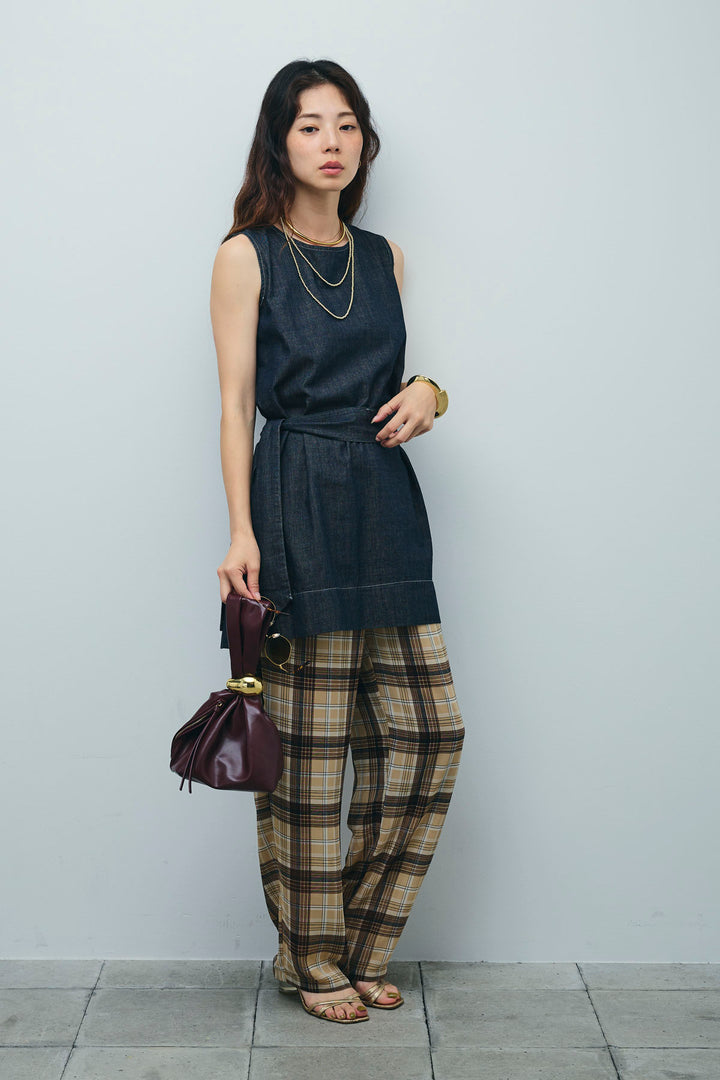 [予約/SET]ベルト付きミドル丈ブラウス+シアータータンチェックワイドパンツ(2set)