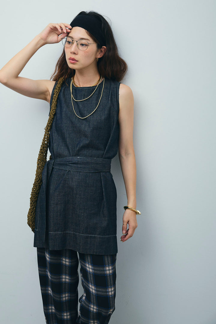 [予約/SET]ベルト付きミドル丈ブラウス+シアータータンチェックワイドパンツ(2set)