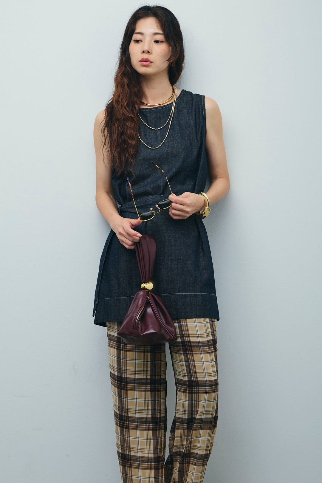 [予約/SET]ベルト付きミドル丈ブラウス+シアータータンチェックワイドパンツ(2set)