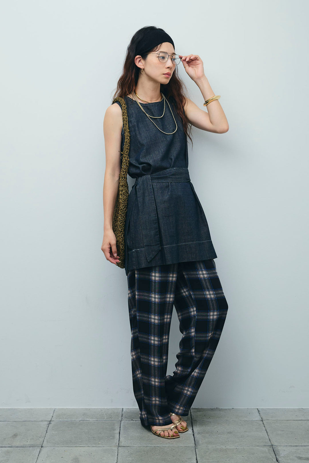 [予約/SET]ベルト付きミドル丈ブラウス+シアータータンチェックワイドパンツ(2set)