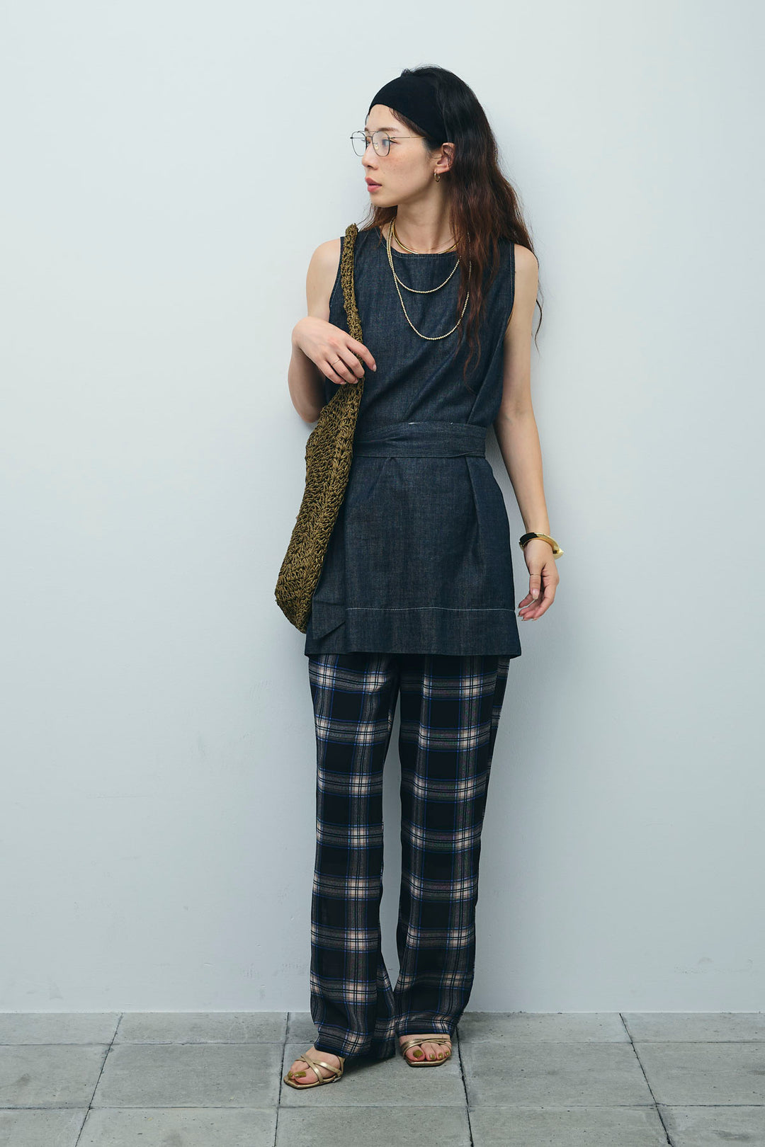 [予約/SET]ベルト付きミドル丈ブラウス+シアータータンチェックワイドパンツ(2set)